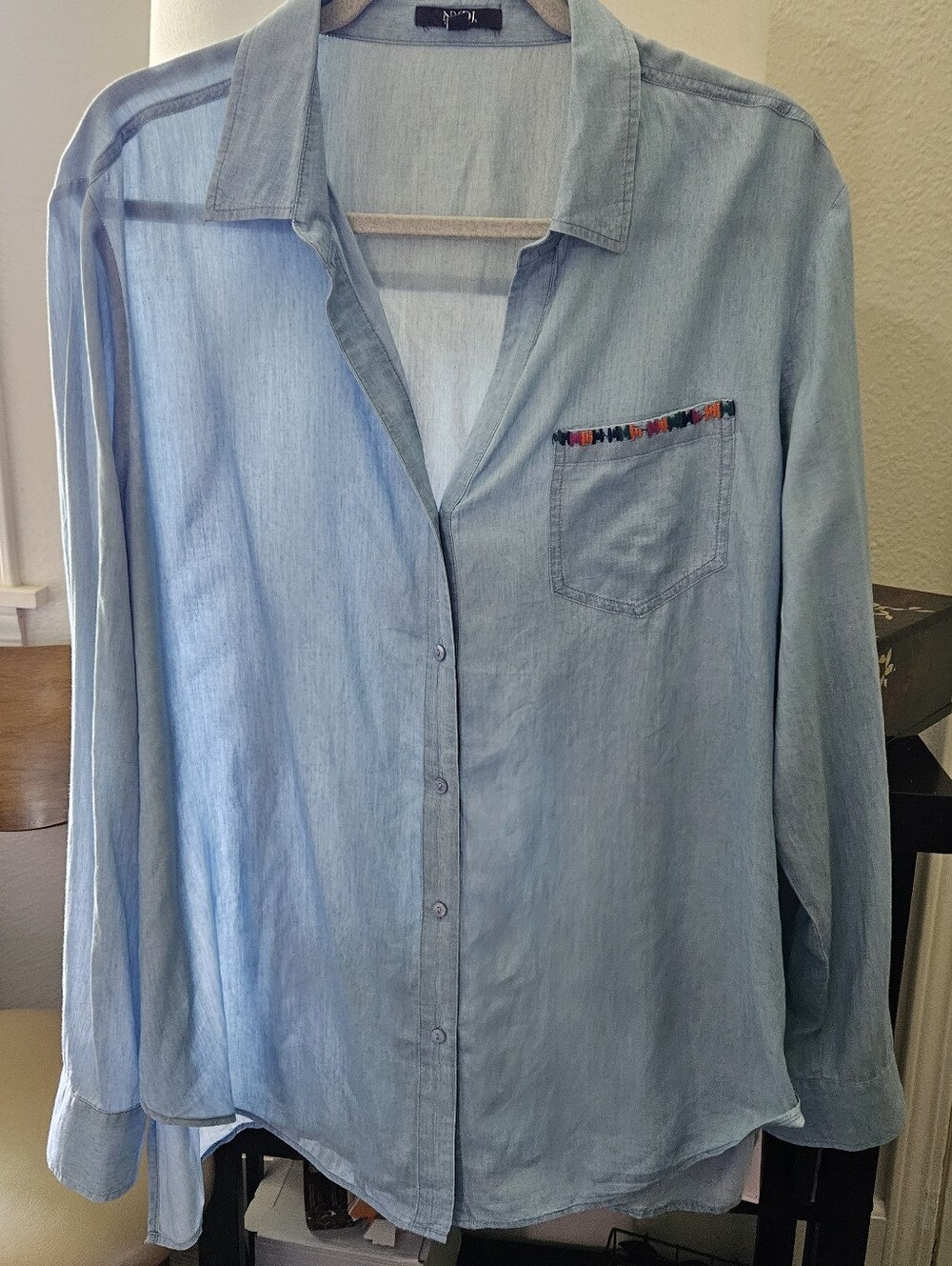 NYDJ Chambray Button Up Top Large Boho Festival Embroidered Pocket Tencel Lyocel